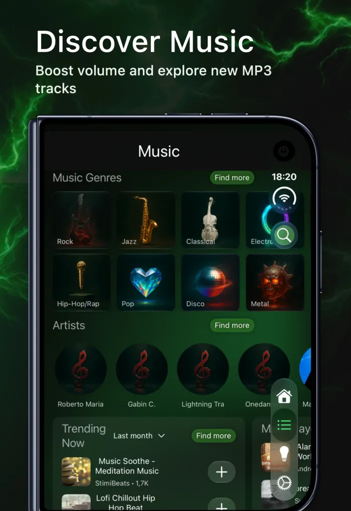 iPhone Duo外屏上的EQfy音乐标签页，显示音乐类型、艺人、热门曲目和“发现更多”按钮