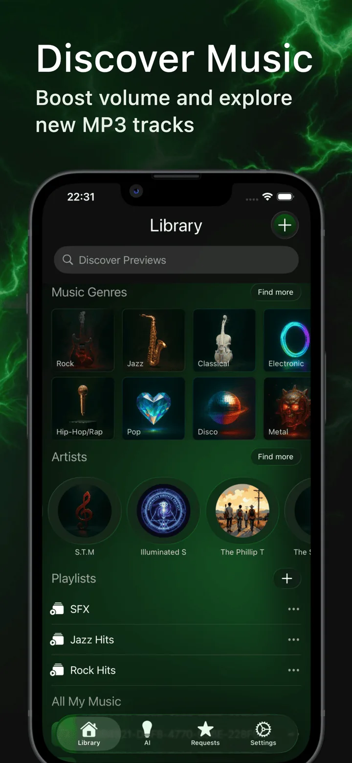 Pantalla de descubrimiento musical de EQfy con géneros y canciones en tendencia