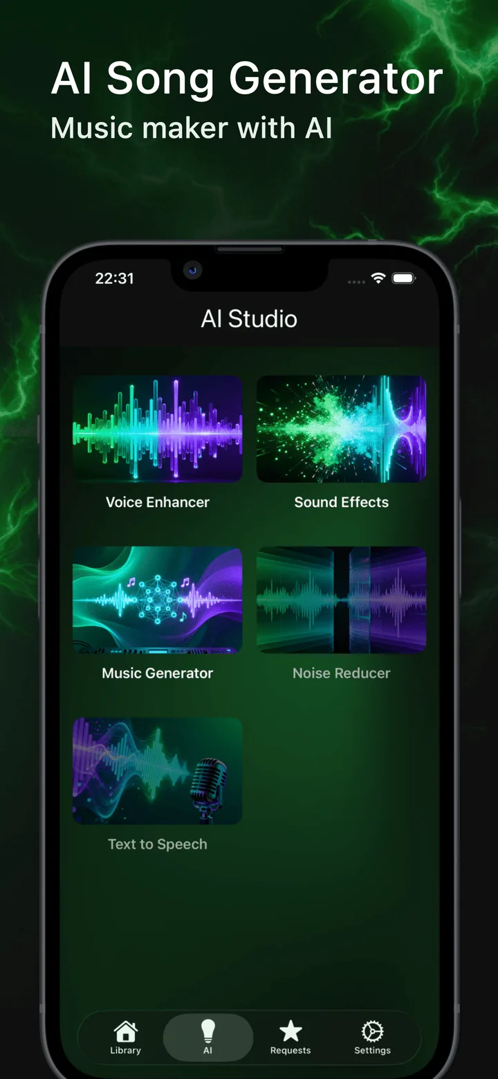 Estudio IA de EQfy con el Generador de canciones con IA, Efectos de sonido y Texto a voz